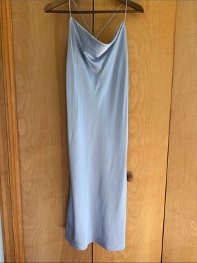 Slip Midi Dress in Light Blue Silk with Cowl Neck